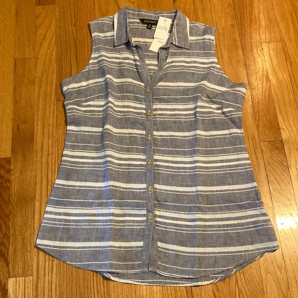 New With Tags, Ellen Tracy, Grey White Blouse